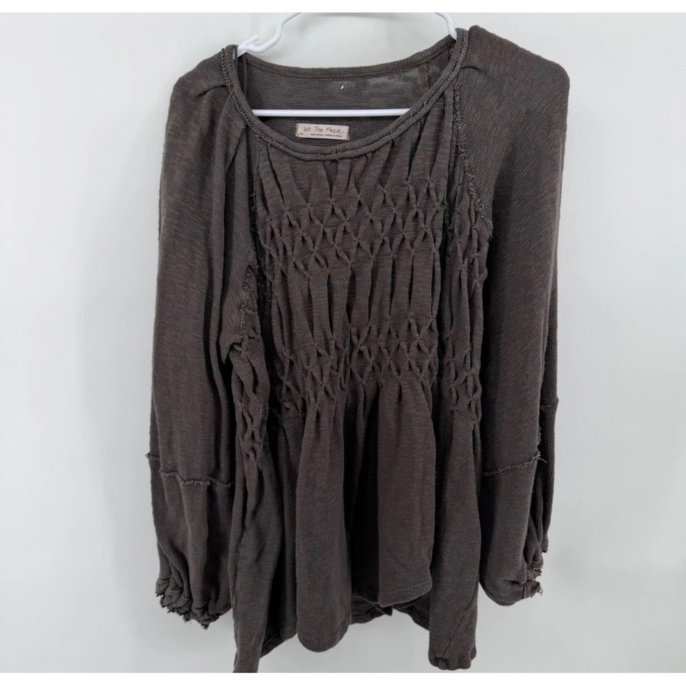 We The Free Free People‎ Grey Smocked Knit Long Sleeve Top XS/S OB1874520